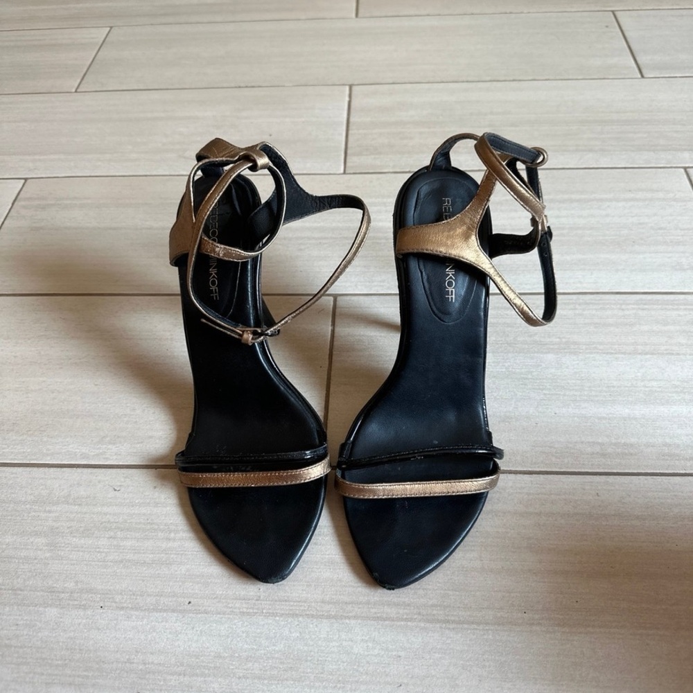 Rebecca Minkoff Black and Gold Strappy Heels W8.5